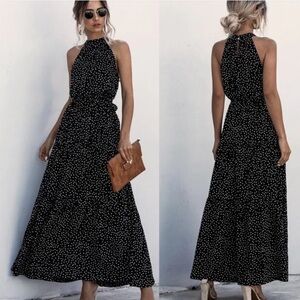 KARA AND KATE Black and White Polka Dot Halter Maxi Dress